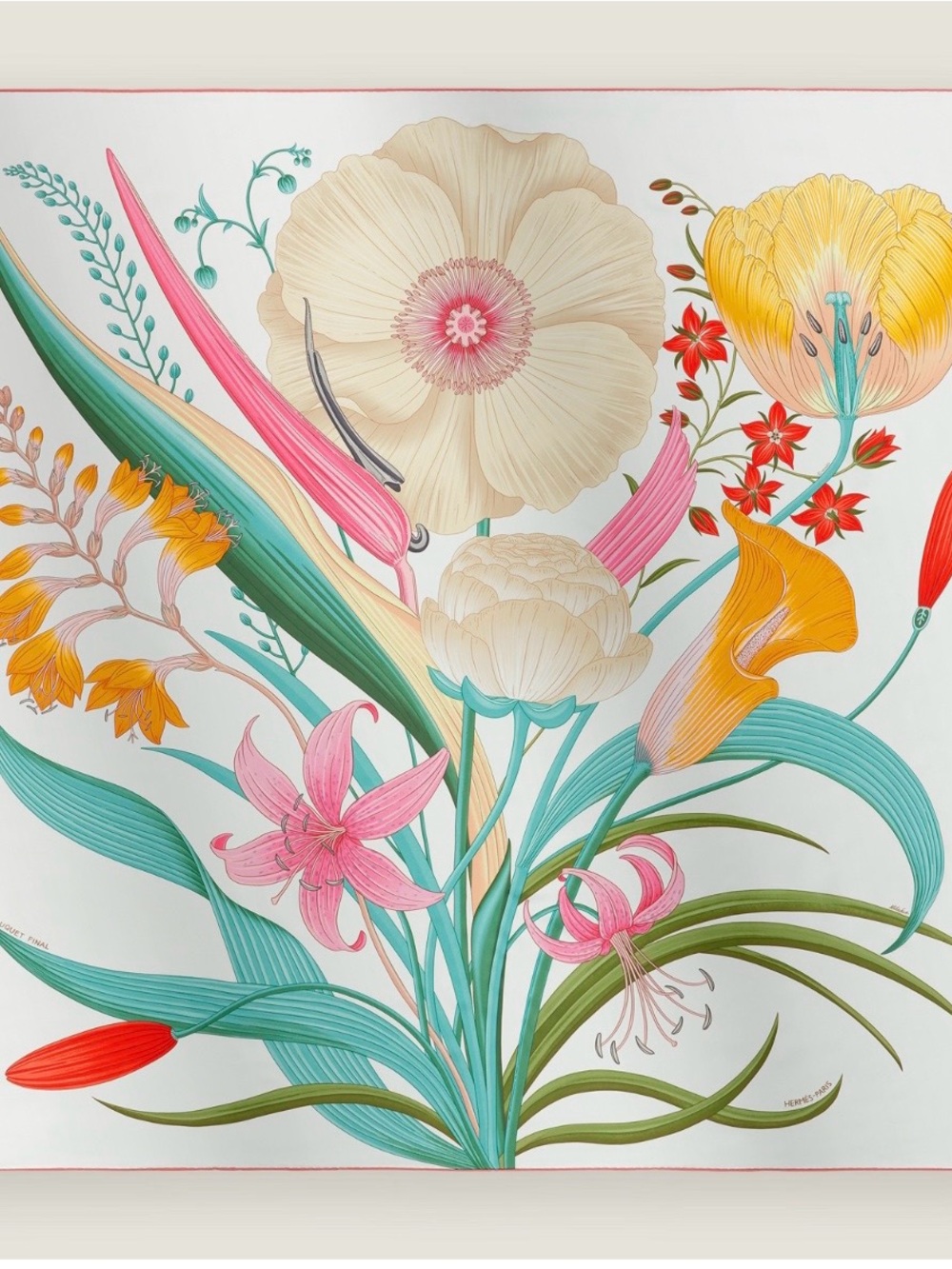 Hermes Floral Wall Art in Cream, Pink, Yellow & Teal scarf 140 final bouquet
